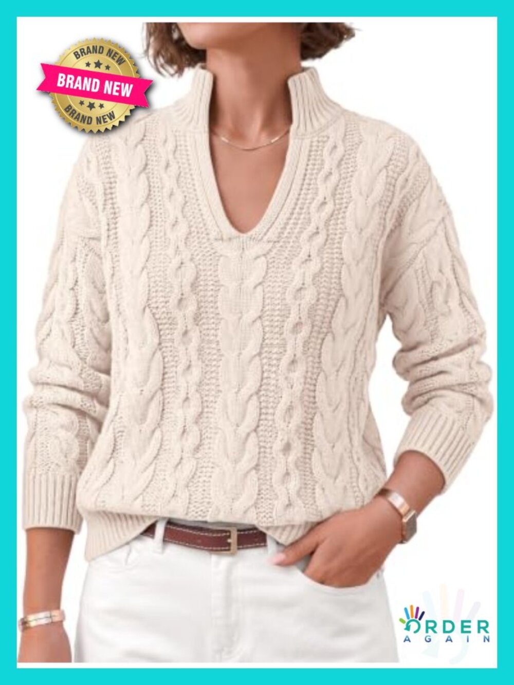 Split Mock Neck Cable Knit Pullover Sweater Hip Length Fall